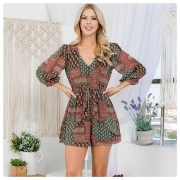 Boho Long Sleeve Patchwork Print Romper W/ Drawstring Waist & V-Neckline-NEW - Picture 3 of 7